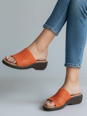 Aerosoles Orange Suede Lattice Women's Slide Wedge Sandals